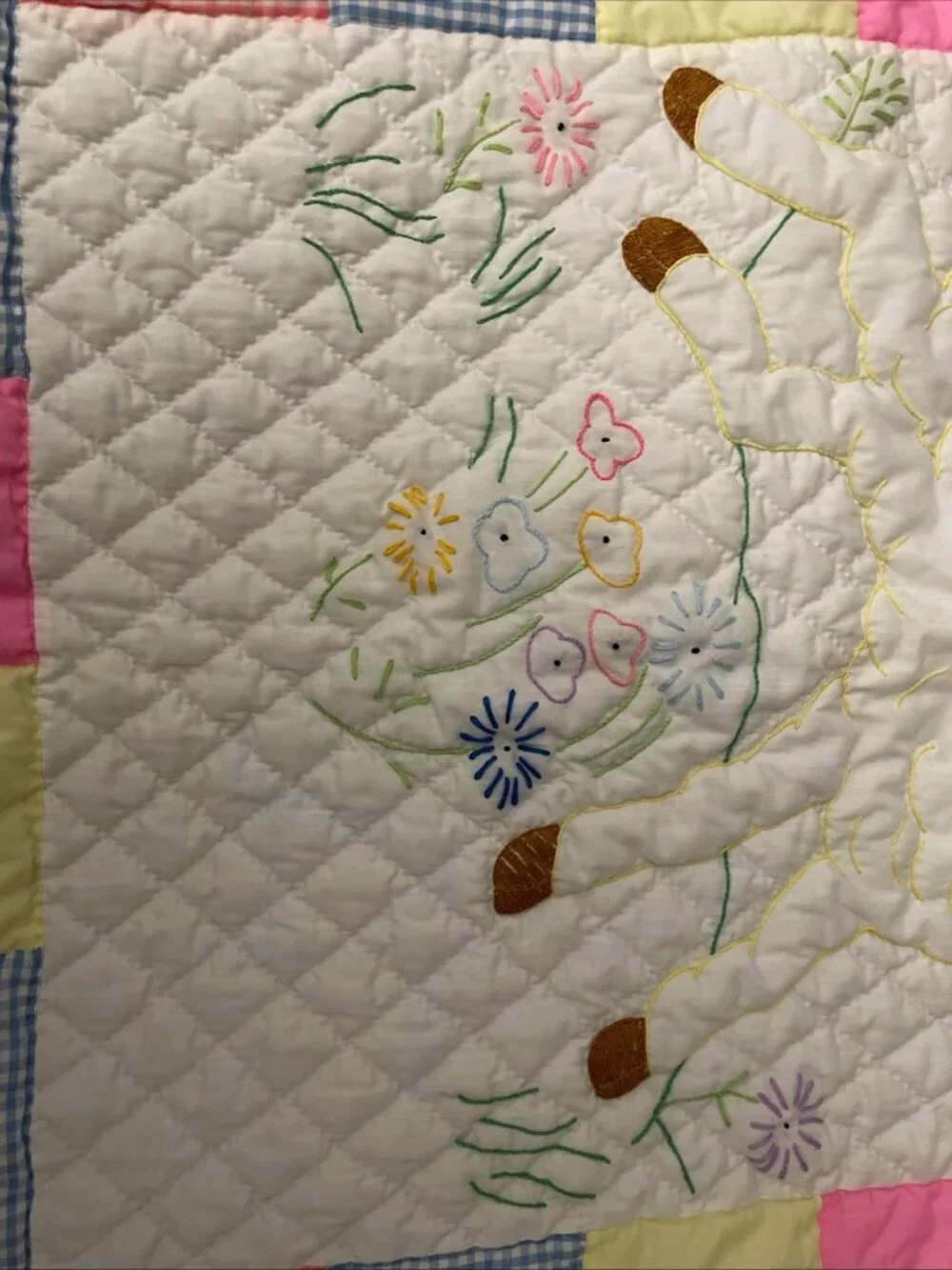 Baby Quilt Pink White Blue Yellow Hand Quilted Embroidered Animal Lamb 34x28”